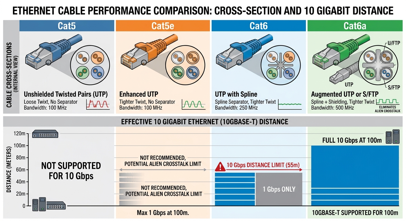 Cat5 vs Cat5e vs Cat6 vs Cat6a comparison diagram